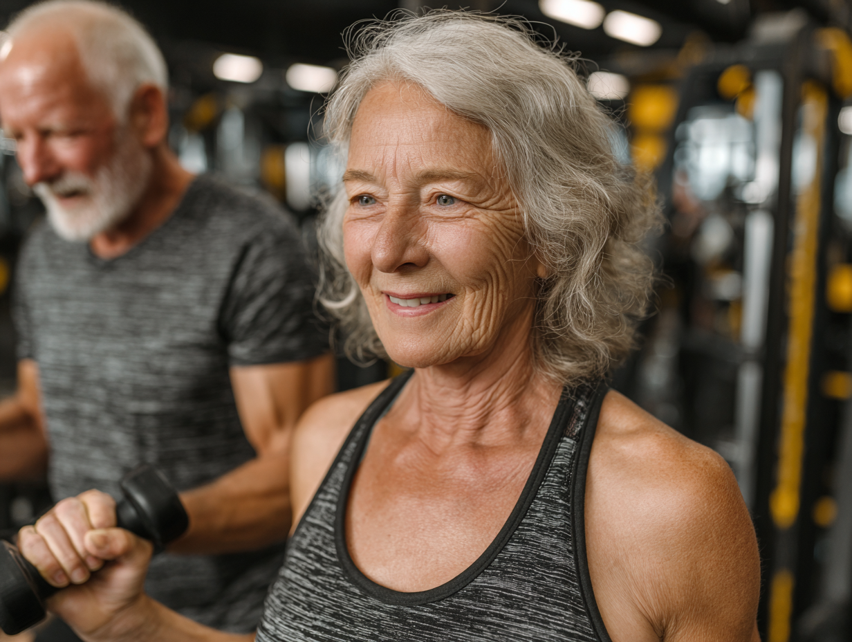 Възрастна жена практикува йога на открито в спокойна обстановка